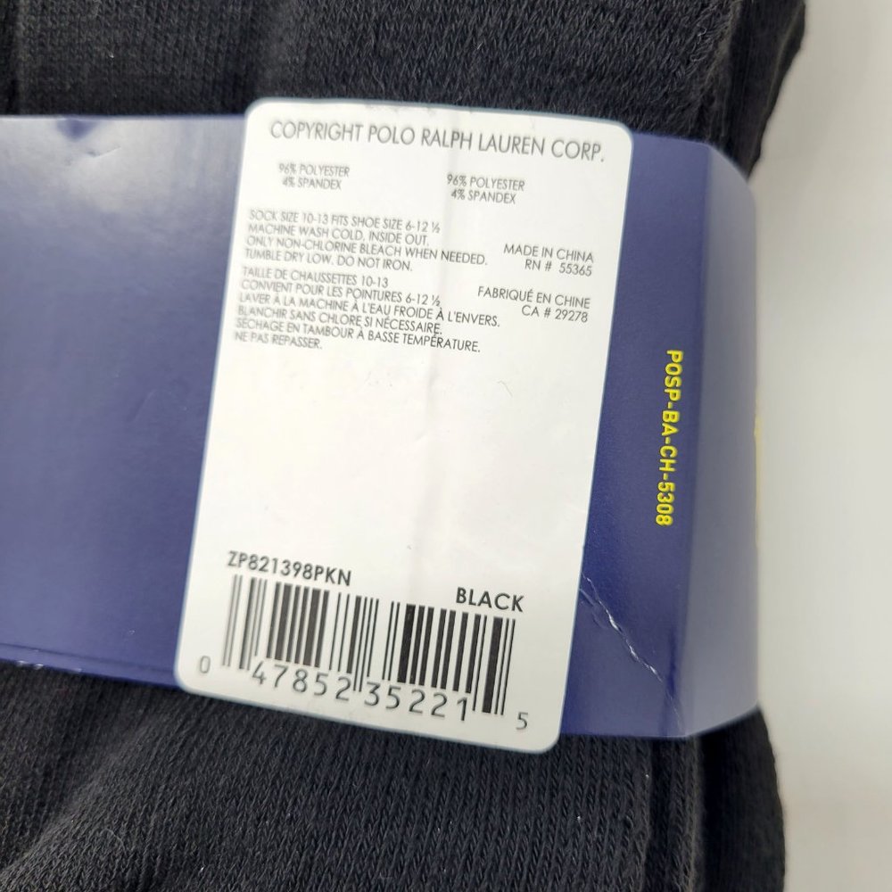 Polo Ralph Lauren Classic Sport Crew Socks Black Red BIG PONY Logo 6-Pack Pair - Picture 3 of 3